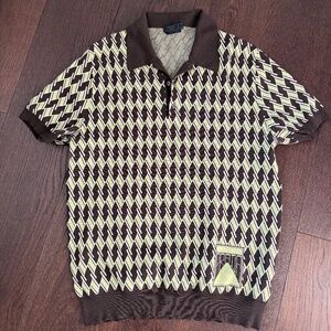 Vintage Prada Milano Knit Polo Shirt 52 Large Made in Italy Brown Lime Geometric